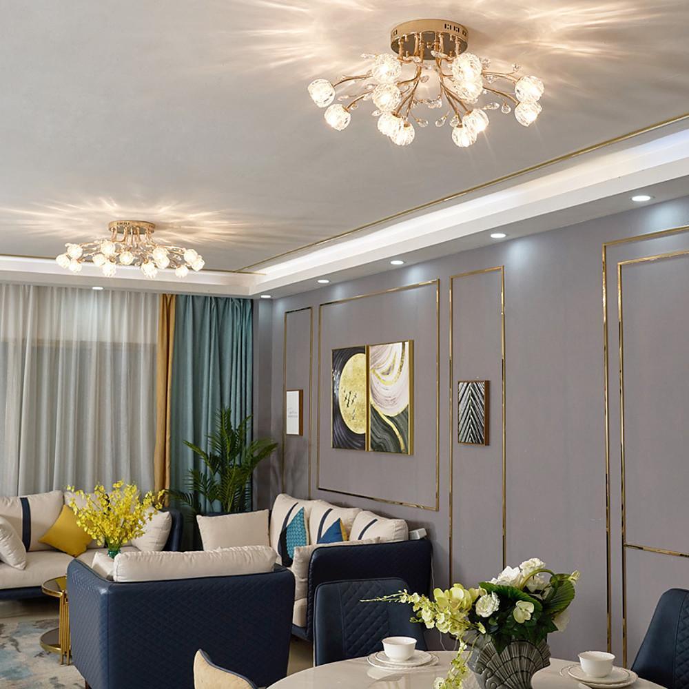 Modern Gold Glass Globe LED Flush Mount Ceiling Lamp Luxury Crystal Cluster Lighting Fixture