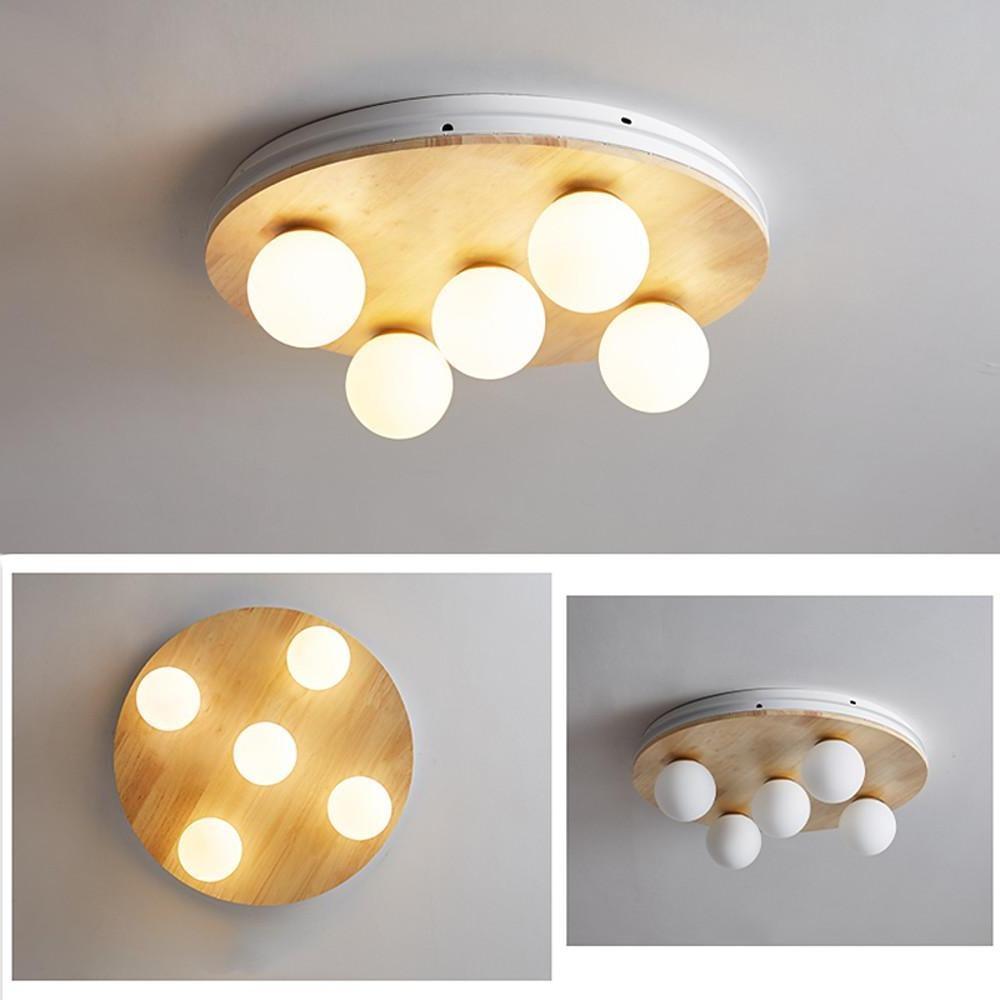 Modern Nordic 5 Light Round Wood and Glass Bubble Flush Mount Ceiling Light