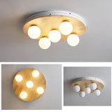 Modern Nordic 5 Light Round Wood and Glass Bubble Flush Mount Ceiling Light
