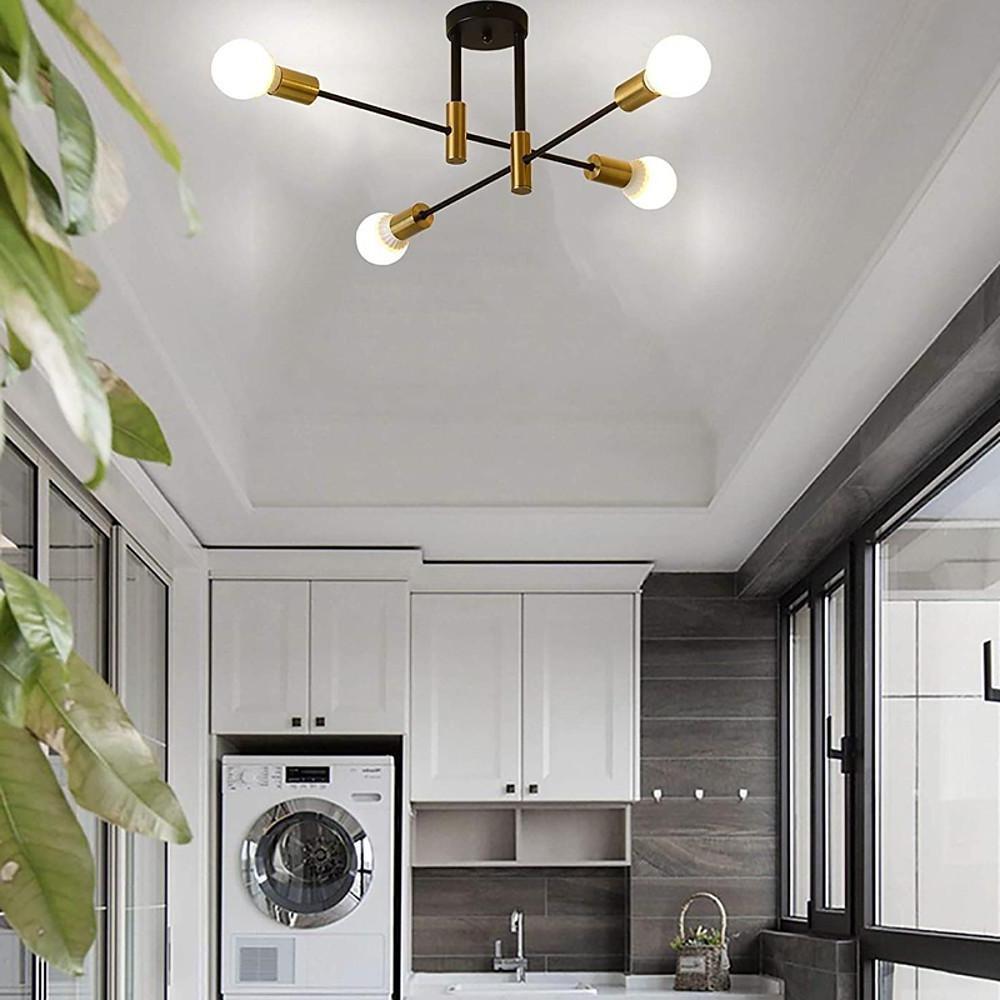 Modern 4 Light Semi Flush Mount Ceiling Light with Adjustable Arms in Black and Gold Brass