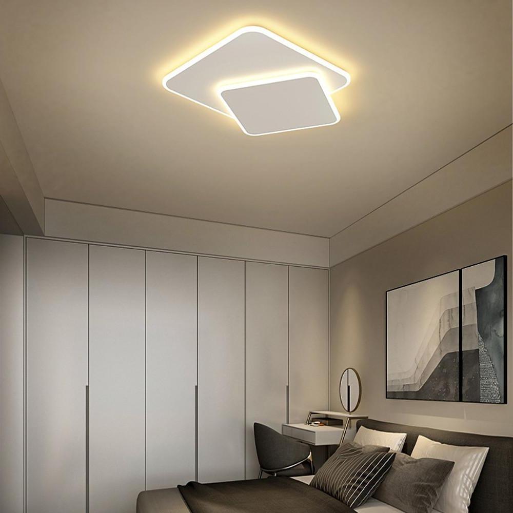 Modern White Square LED Flush Mount Ceiling Light Fixture for Bedroom and Living Room Geometric Two Tier Lighting