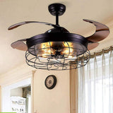 43 Inch Black Industrial Retractable Ceiling Fan with Lantern Light for Living Room