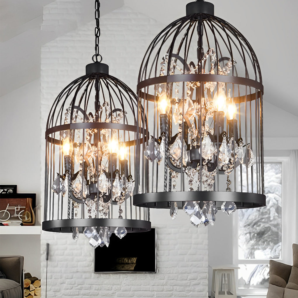 Industrial Birdcage Crystal Chandelier Vintage Iron Pendant Light for Dining Room