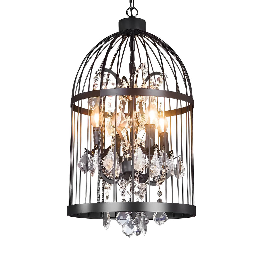 Industrial Birdcage Crystal Chandelier Vintage Iron Pendant Light for Dining Room