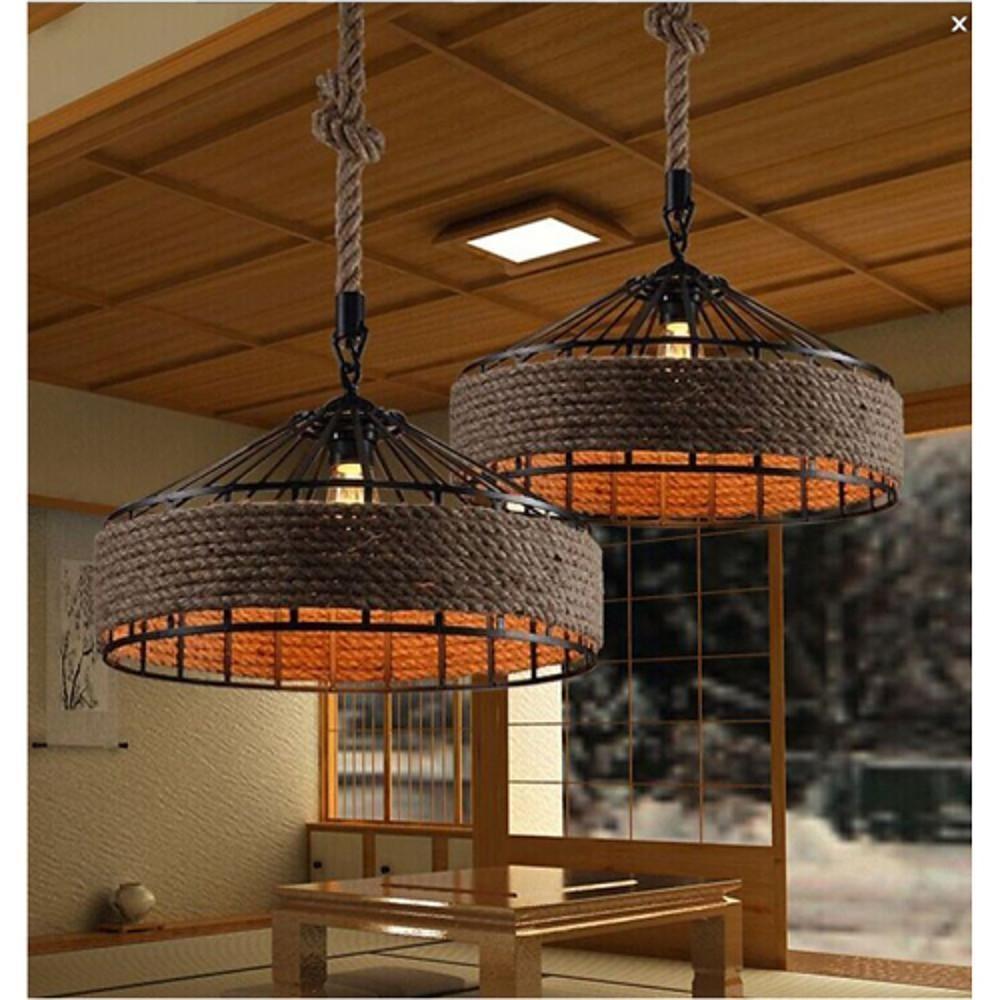 Industrial Country Hemp Rope Pendant Light Circular Metal Chandelier for Dining Room Island