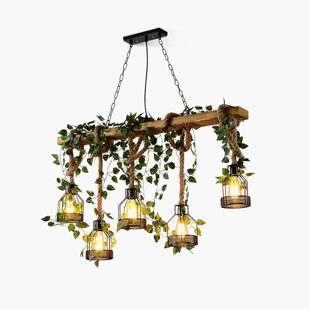 Industrial Farmhouse Wooden Beam Chandelier with Hemp Rope for Island Dining Room