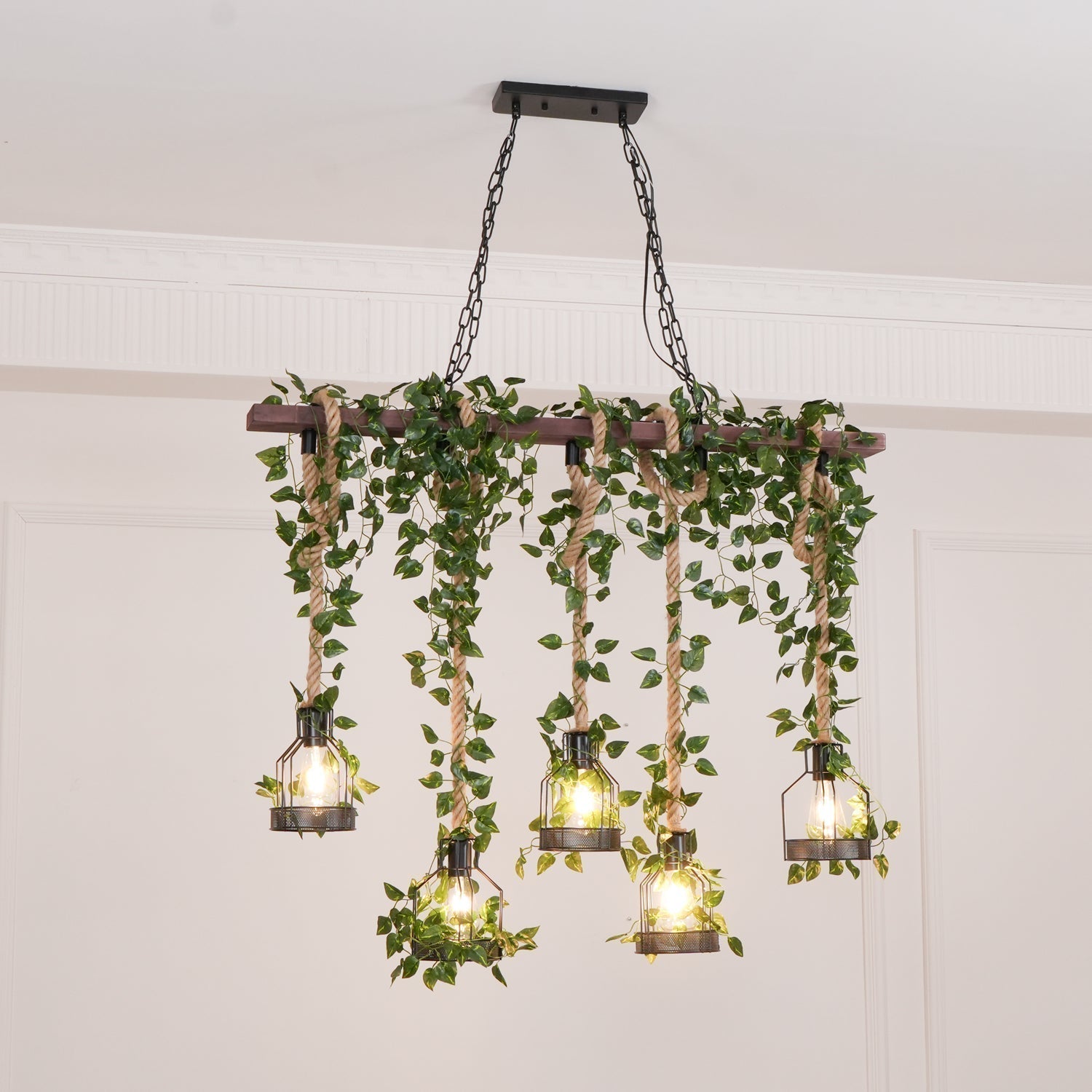Industrial Farmhouse Wooden Beam Chandelier with Hemp Rope for Island Dining Room