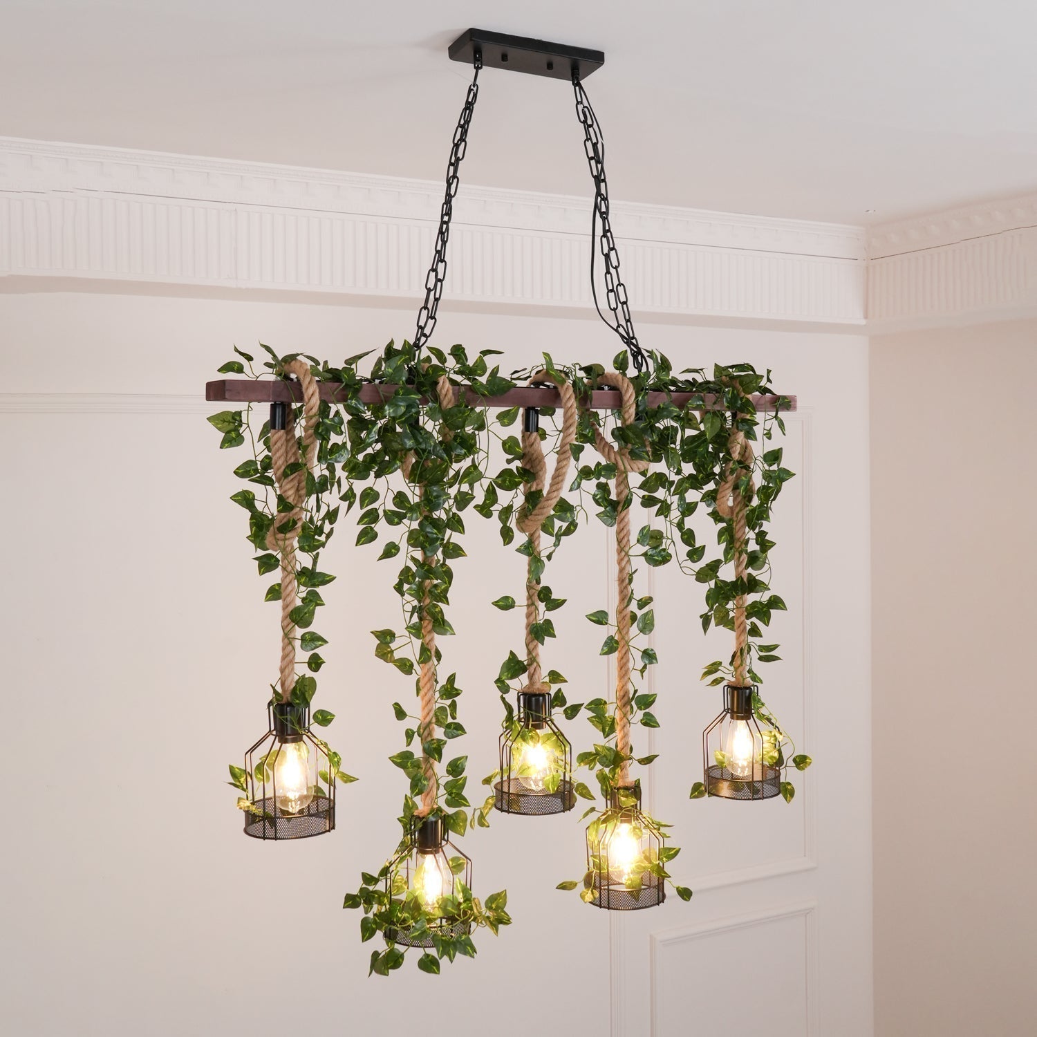 Industrial Farmhouse Wooden Beam Chandelier with Hemp Rope for Island Dining Room