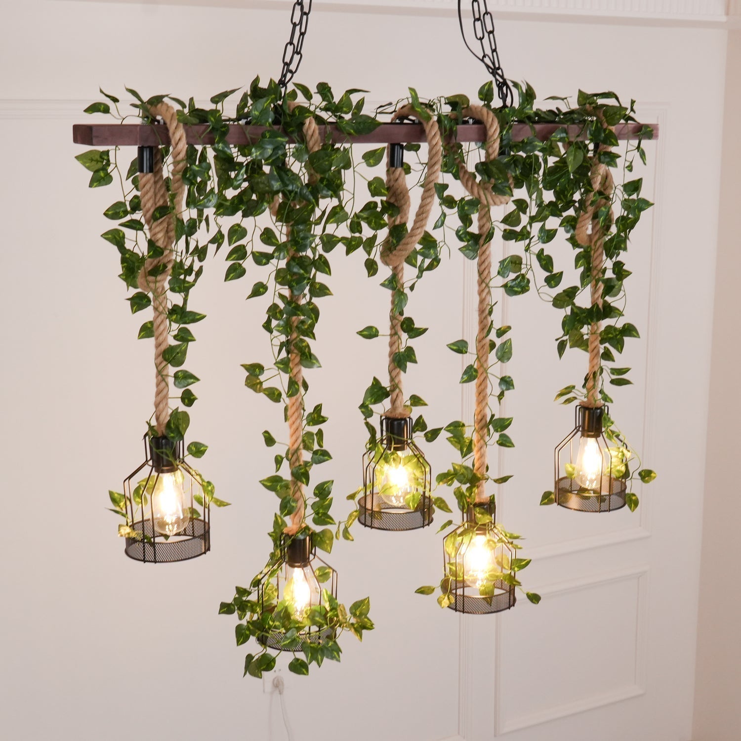 Industrial Farmhouse Wooden Beam Chandelier with Hemp Rope for Island Dining Room
