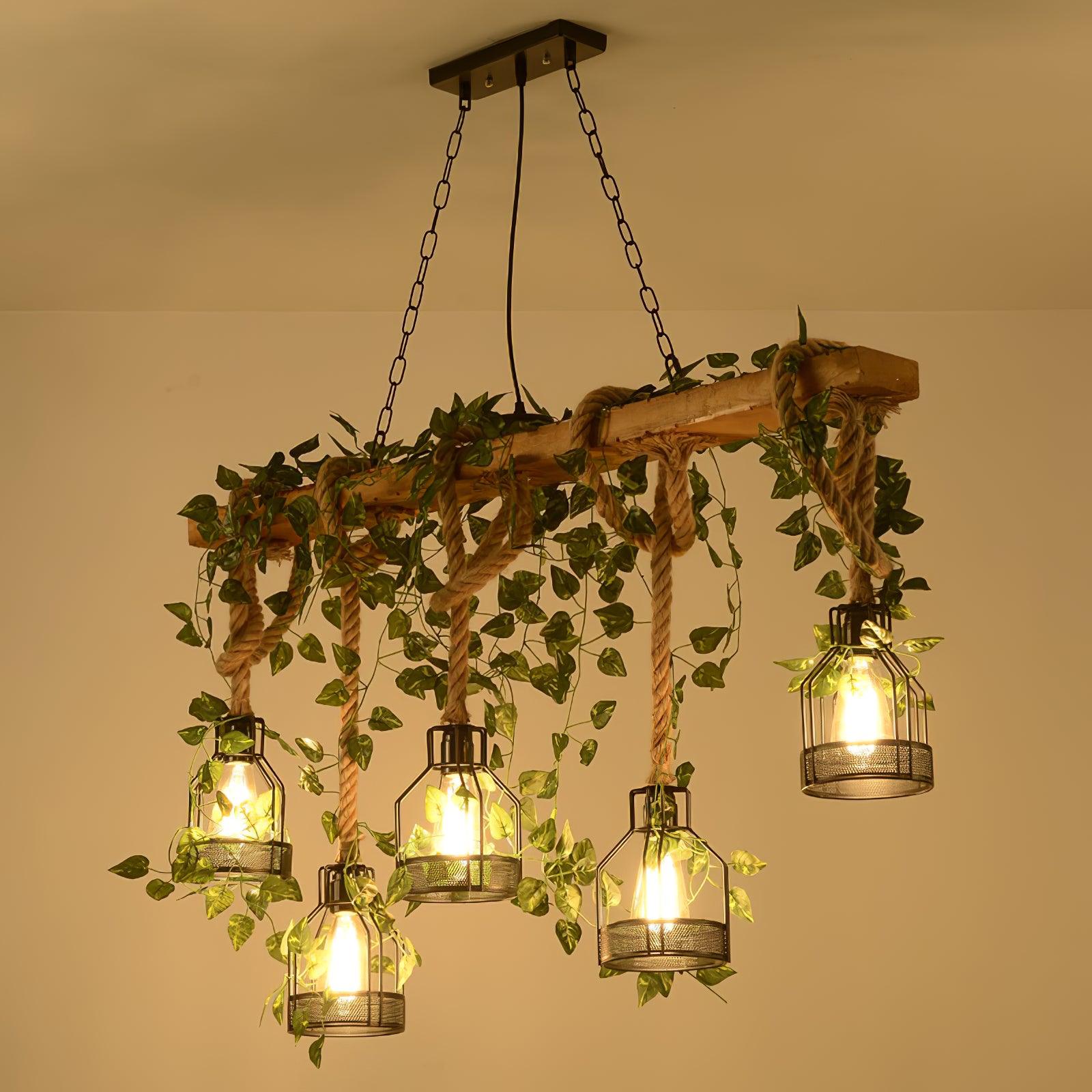Industrial Farmhouse Wooden Beam Chandelier with Hemp Rope for Island Dining Room