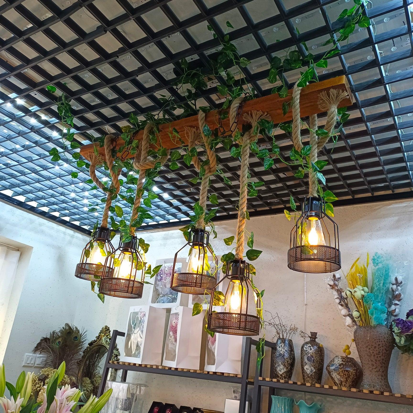 Industrial Farmhouse Wooden Beam Chandelier with Hemp Rope for Island Dining Room