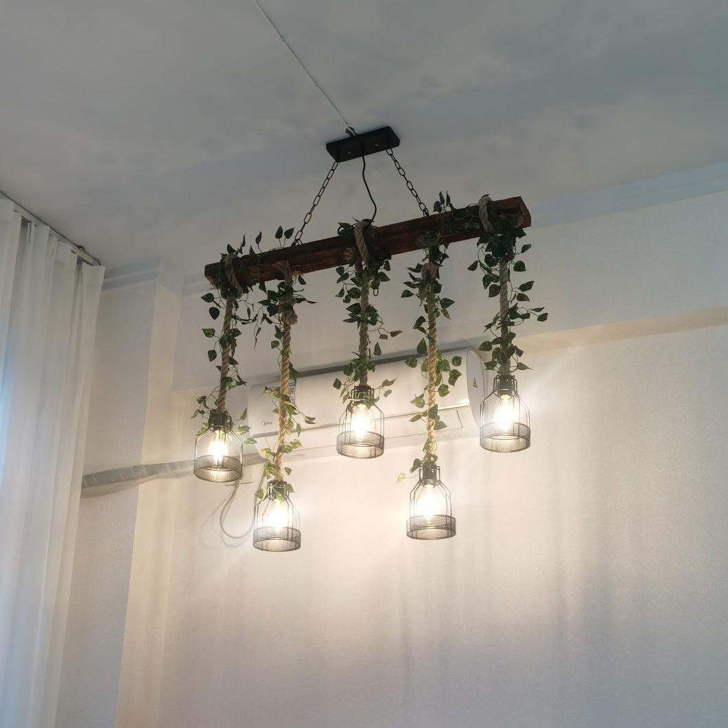 Industrial Farmhouse Wooden Beam Chandelier with Hemp Rope for Island Dining Room