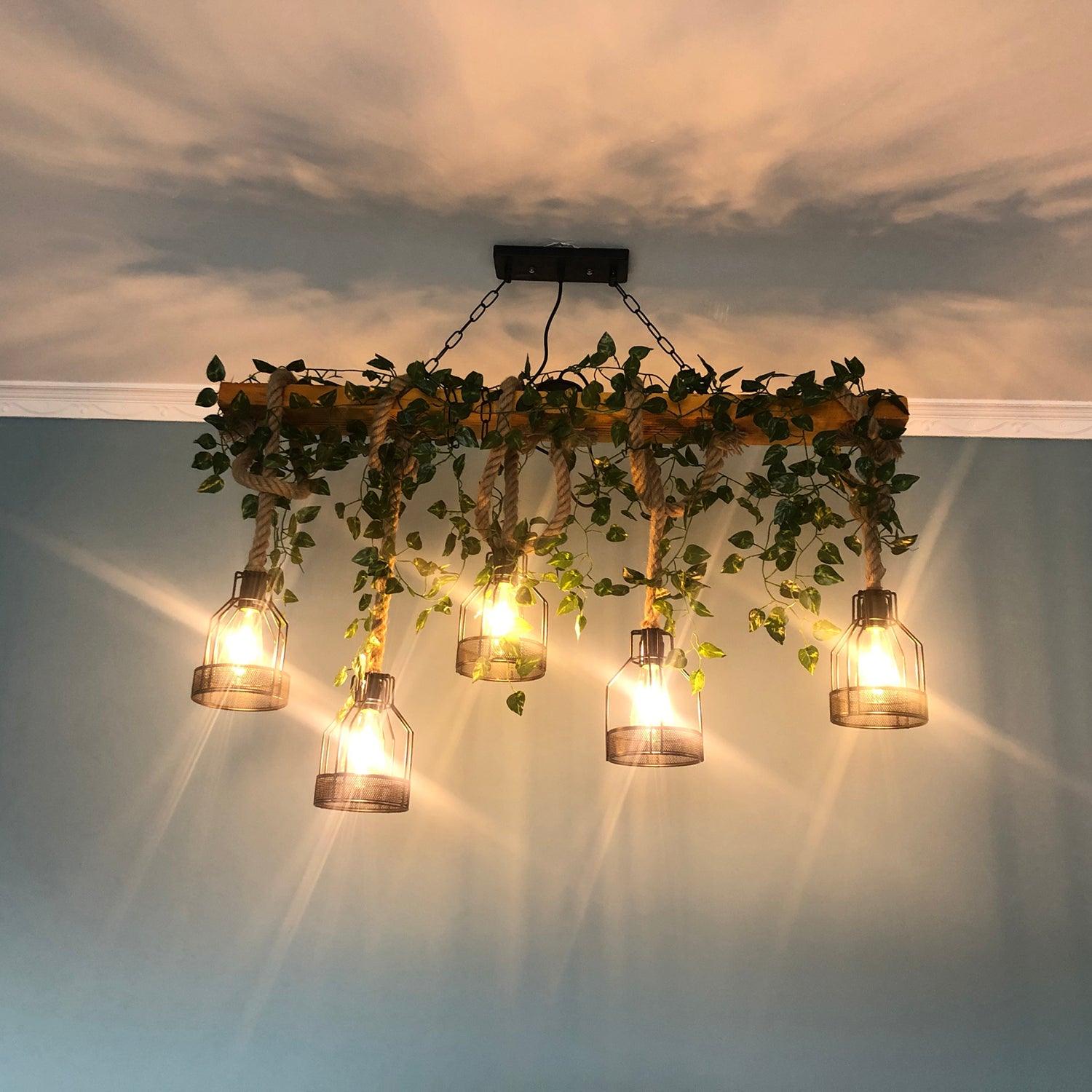 Industrial Farmhouse Wooden Beam Chandelier with Hemp Rope for Island Dining Room
