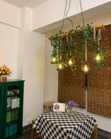 Industrial Farmhouse Wooden Beam Chandelier with Hemp Rope for Island Dining Room