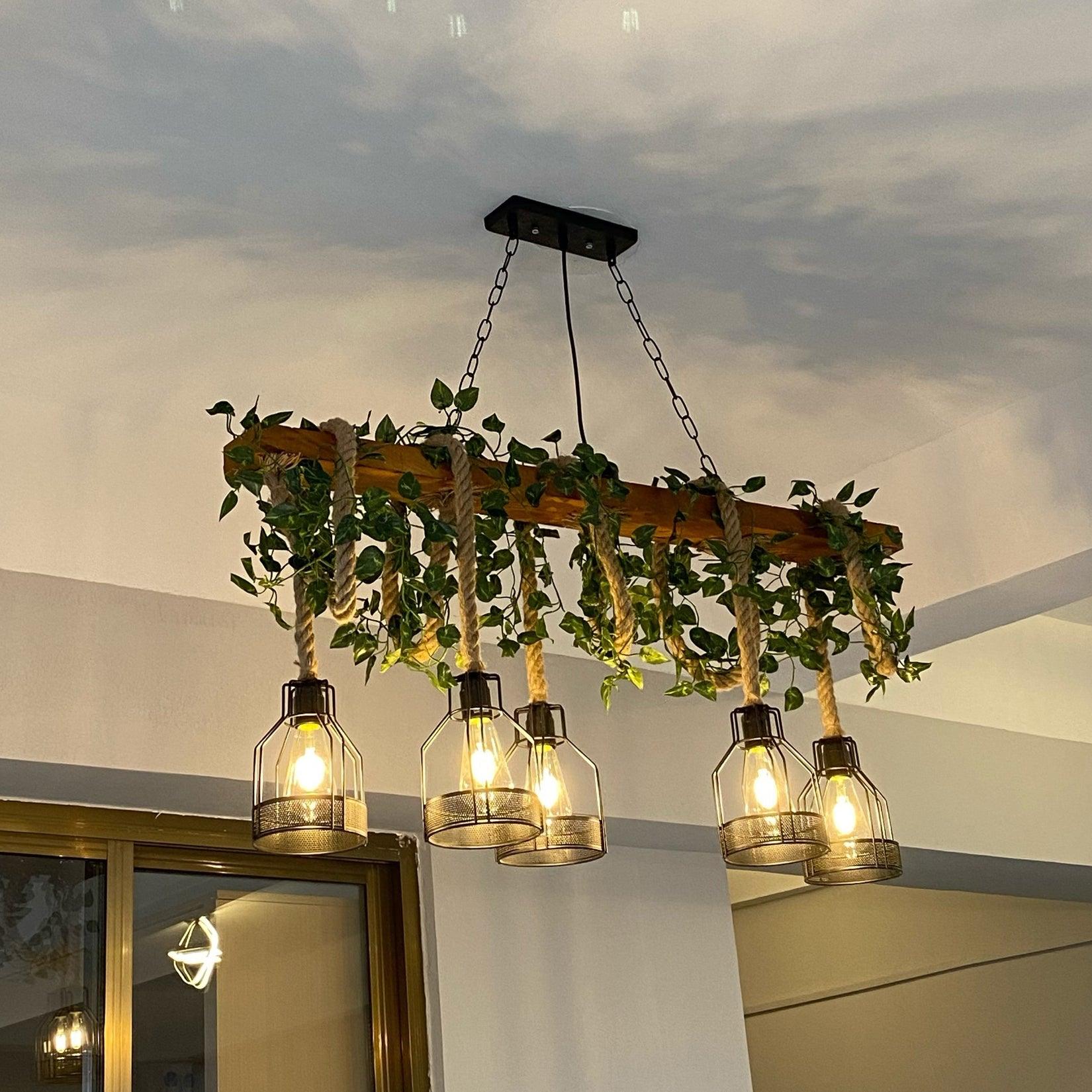Industrial Farmhouse Wooden Beam Chandelier with Hemp Rope for Island Dining Room