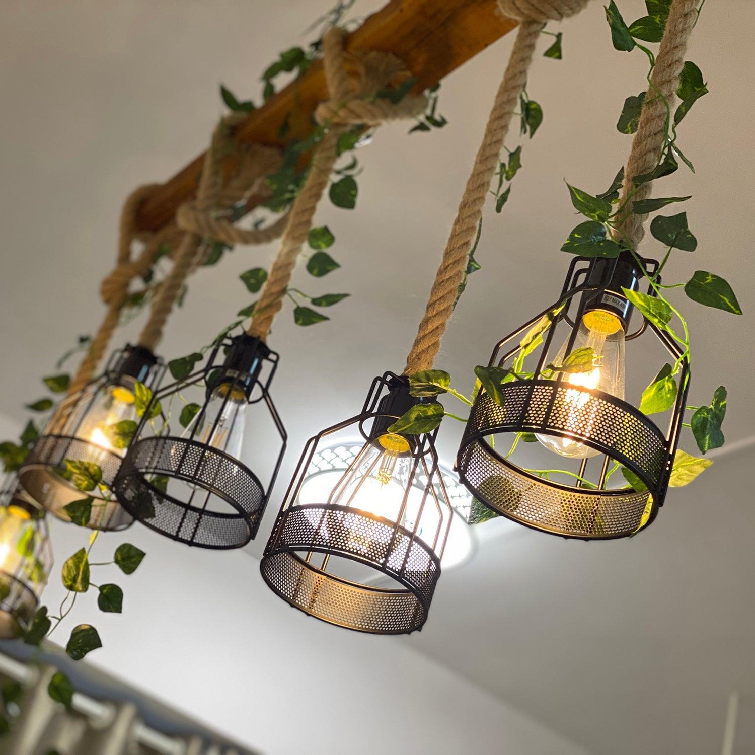 Industrial Farmhouse Wooden Beam Chandelier with Hemp Rope for Island Dining Room