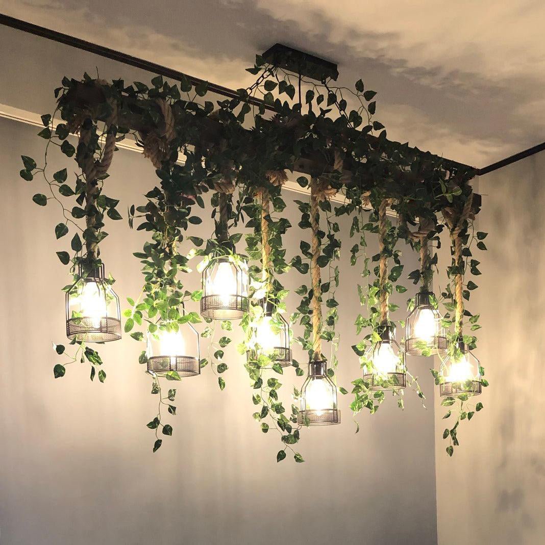 Industrial Farmhouse Wooden Beam Chandelier with Hemp Rope for Island Dining Room