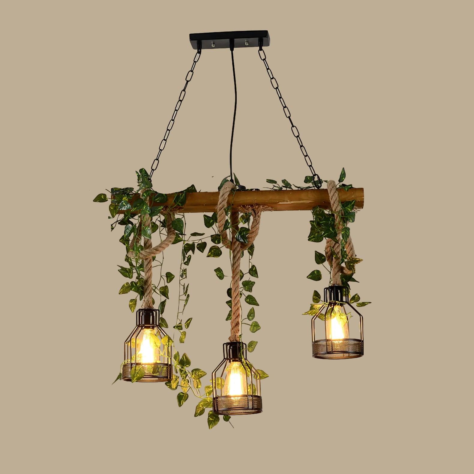 Industrial Farmhouse Wooden Beam Chandelier with Hemp Rope for Island Dining Room