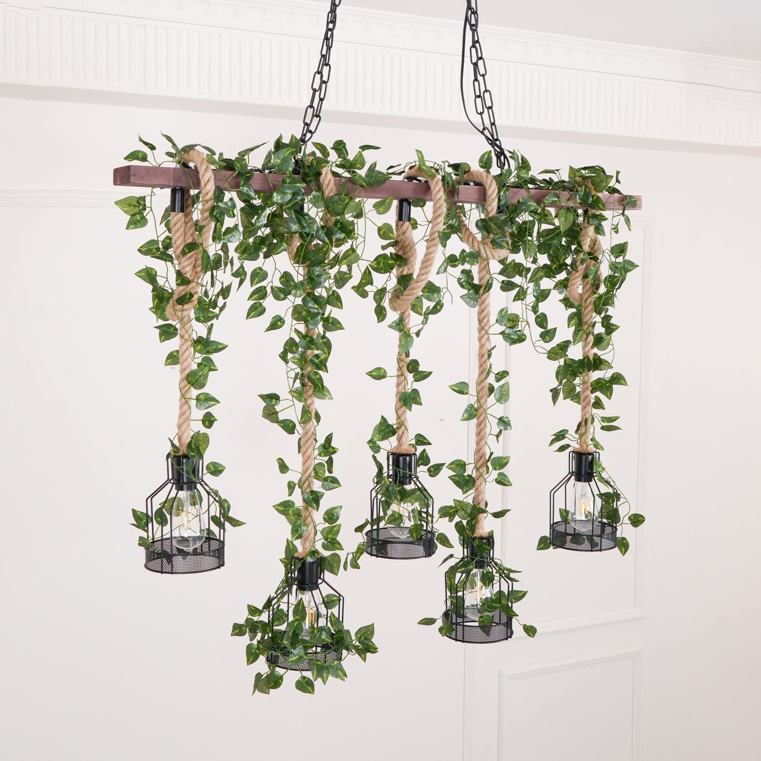 Industrial Farmhouse Wooden Beam Chandelier with Hemp Rope for Island Dining Room