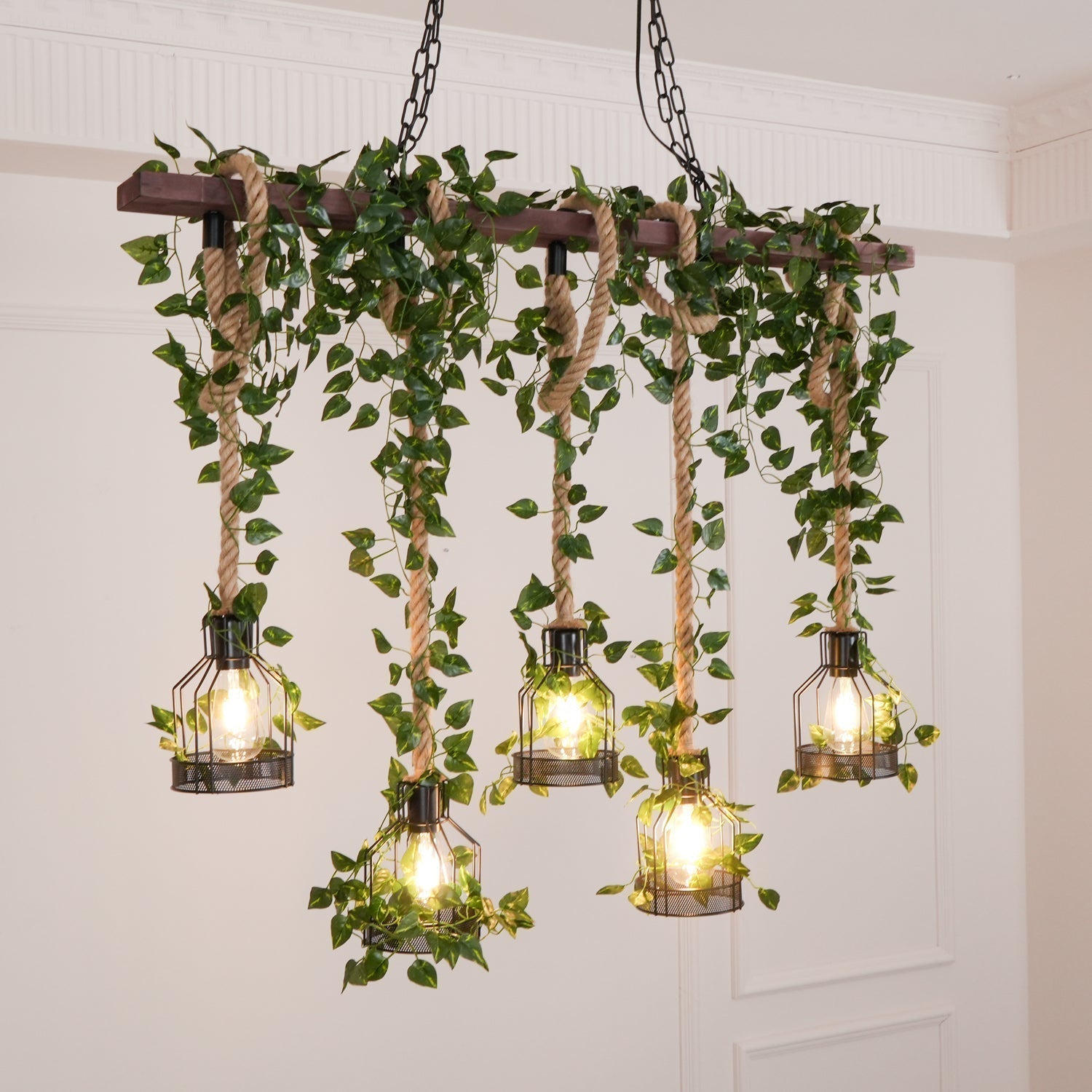 Industrial Farmhouse Wooden Beam Chandelier with Hemp Rope for Island Dining Room