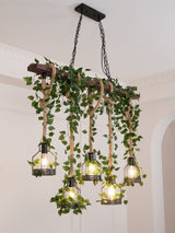 Industrial Farmhouse Wooden Beam Chandelier with Hemp Rope for Island Dining Room