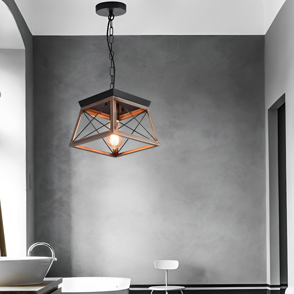 Industrial Geometric Iron Chandelier Retro Pendant Light with Adjustable Height for Entryway and Living Room