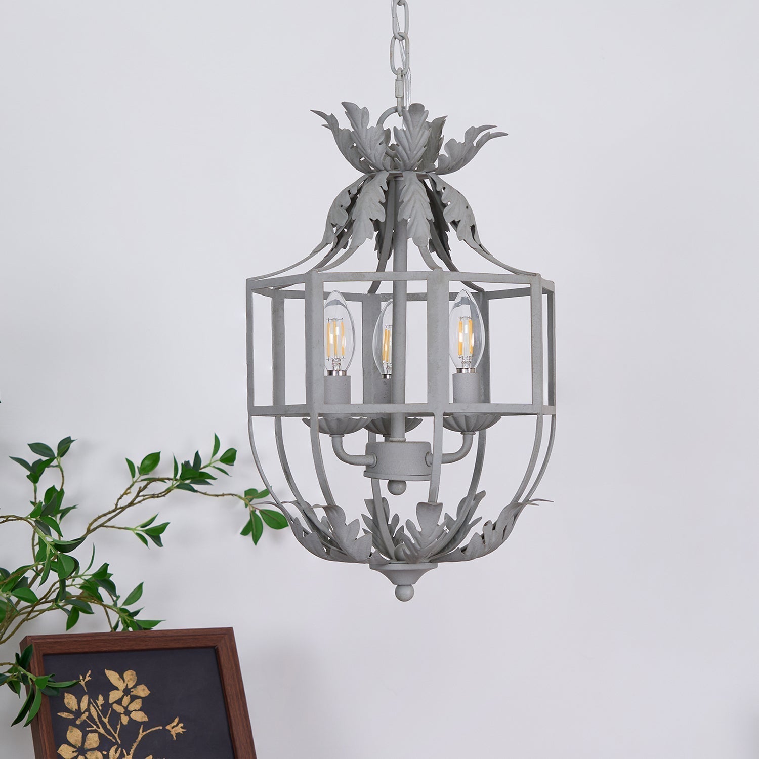 Industrial Grey Metal Cage Pendant Light Vintage Candelabrum Chandelier for Entryway and Living Room