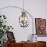 Industrial Grey Metal Cage Pendant Light Vintage Candelabrum Chandelier for Entryway and Living Room