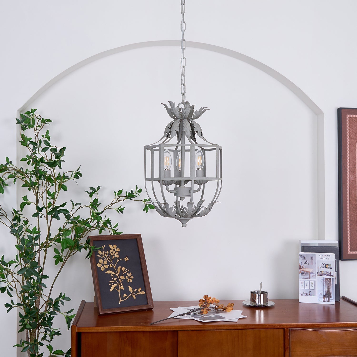 Industrial Grey Metal Cage Pendant Light Vintage Candelabrum Chandelier for Entryway and Living Room