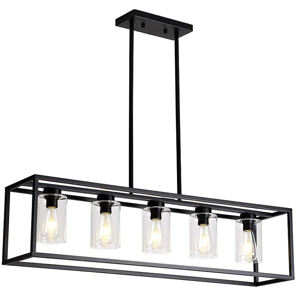 Industrial Rectangular Box Lantern Chandelier for Dining Room and Kitchen Island Metal Five Light Fixture