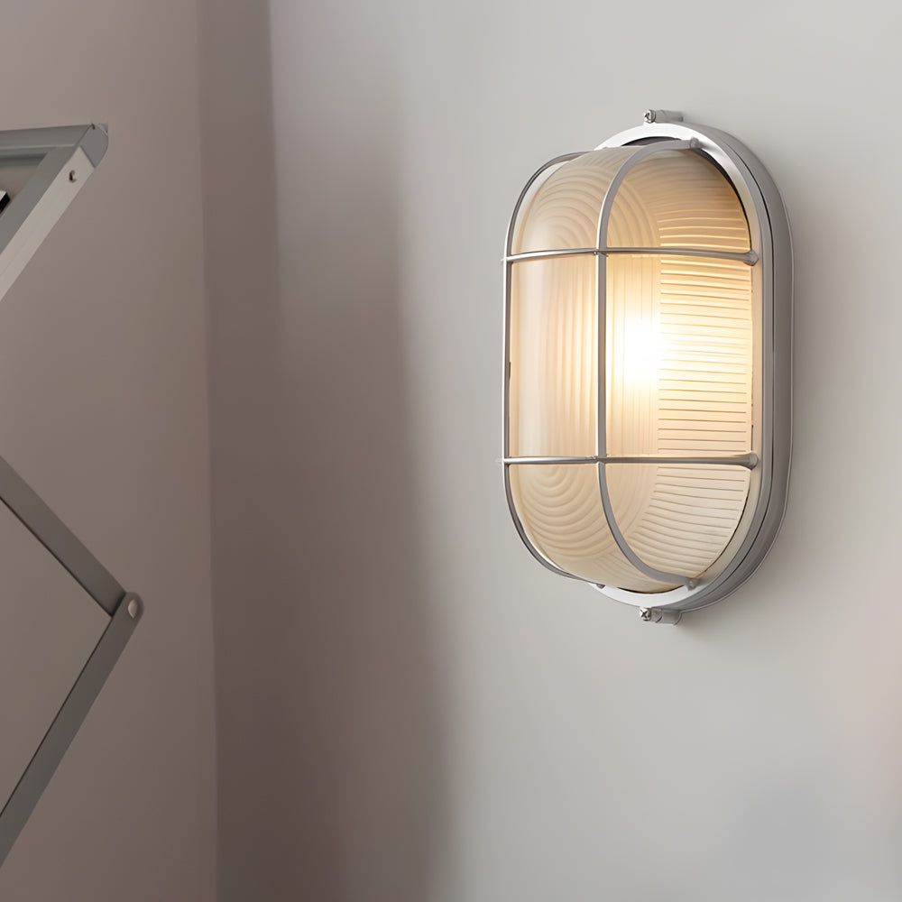 Industrial Retro Outdoor Wall Light Fixture with Ribbed Glass Shade in Oval or Round Style