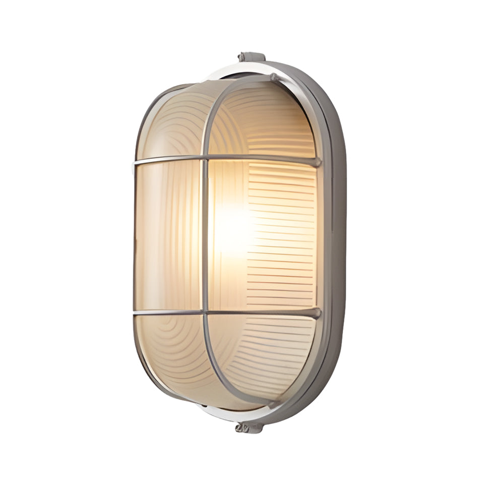 Industrial Retro Outdoor Wall Light Fixture with Ribbed Glass Shade in Oval or Round Style