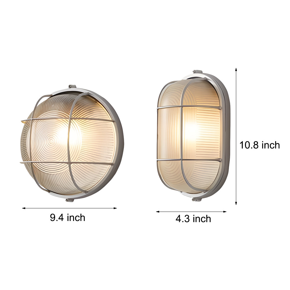 Industrial Retro Outdoor Wall Light Fixture with Ribbed Glass Shade in Oval or Round Style
