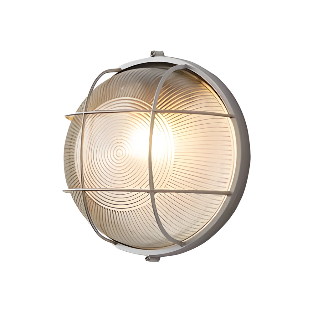 Industrial Retro Outdoor Wall Light Fixture with Ribbed Glass Shade in Oval or Round Style