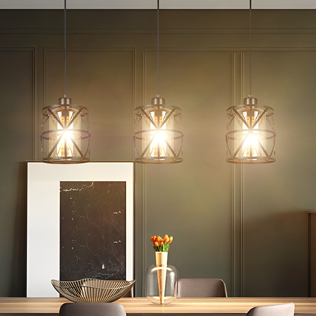 Industrial Round Glass Pendant Light Black Retro Cage Ceiling Hanging Lamp for Kitchen Island