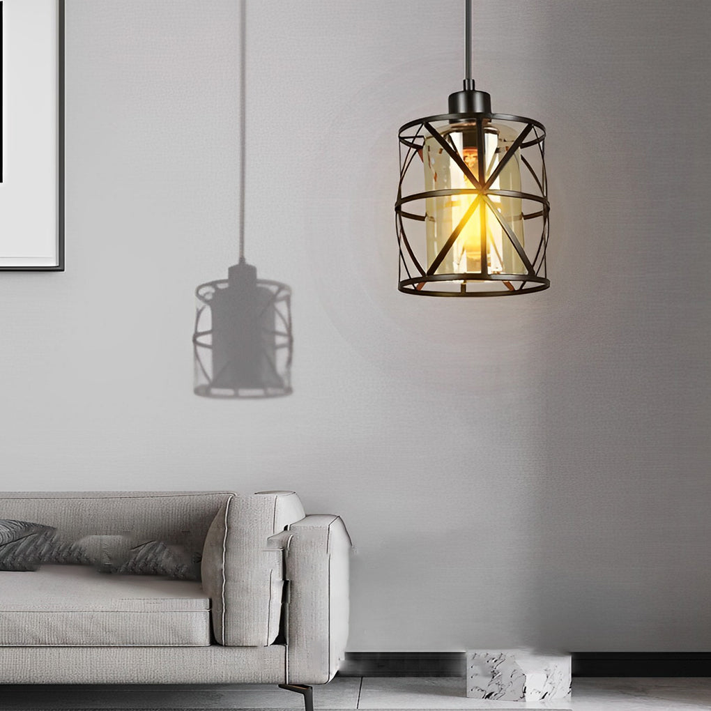 Industrial Round Glass Pendant Light Black Retro Cage Ceiling Hanging Lamp for Kitchen Island