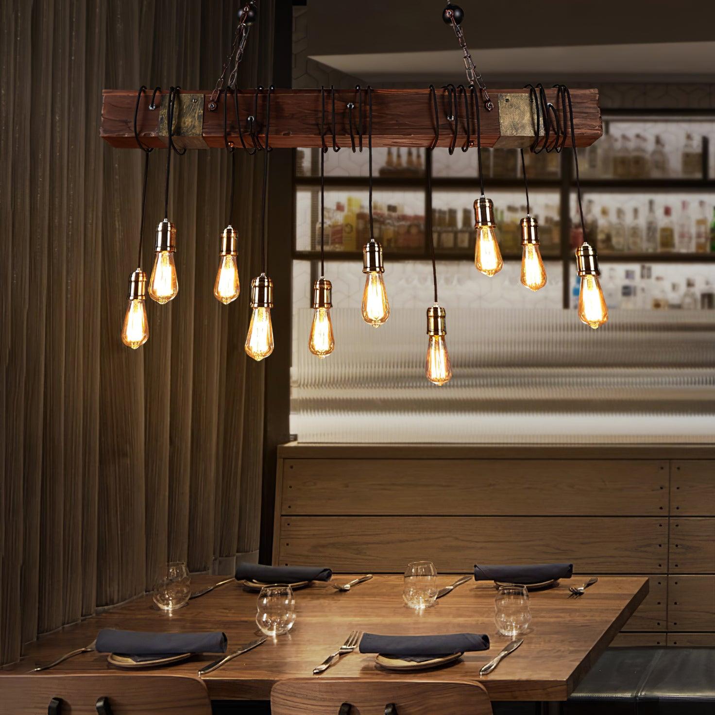 Industrial Rustic Wood Beam 10 Light Island Pendant Light for Farmhouse Kitchen