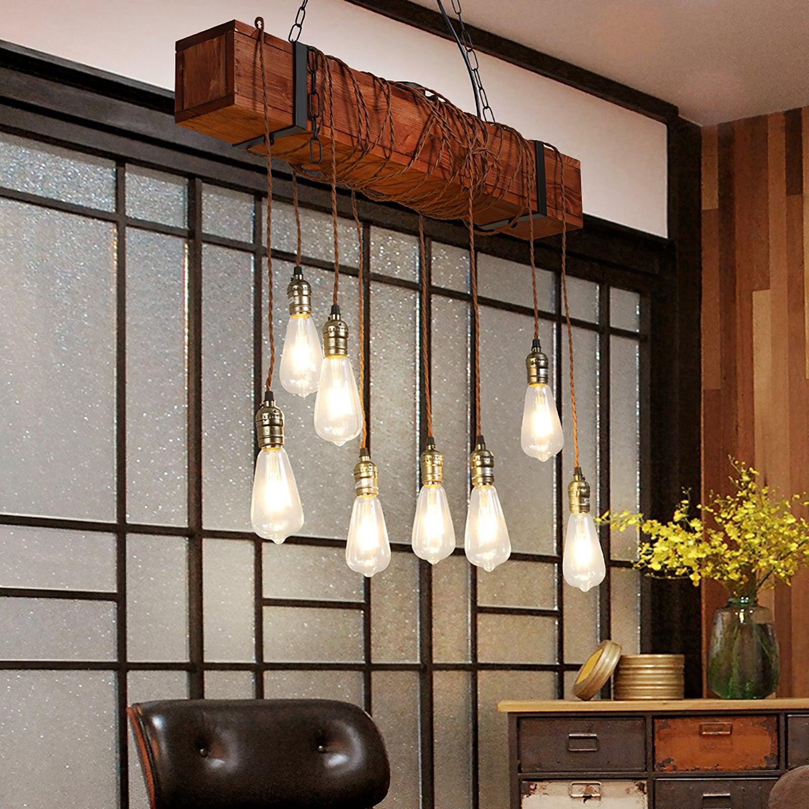Industrial Rustic Wood Beam 10 Light Island Pendant Light for Farmhouse Kitchen