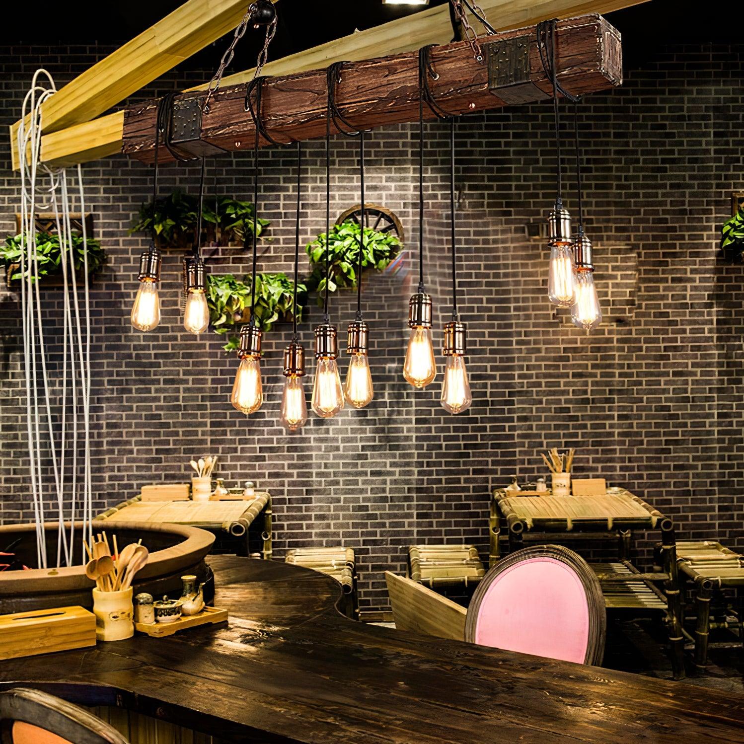 Industrial Rustic Wood Beam 10 Light Island Pendant Light for Farmhouse Kitchen