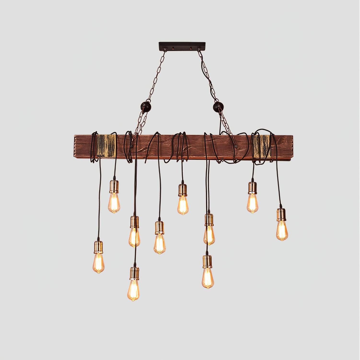 Industrial Rustic Wood Beam 10 Light Island Pendant Light for Farmhouse Kitchen