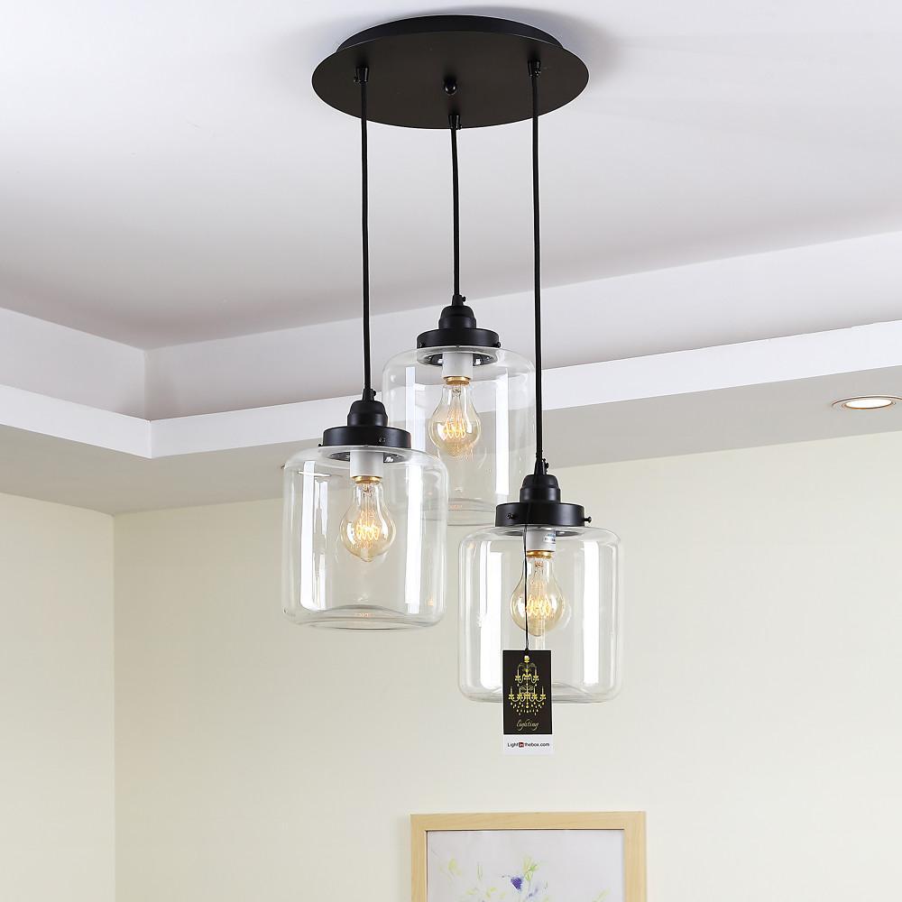 Industrial Three Light Glass Foyer Chandelier with Clear Shades for Dining Room