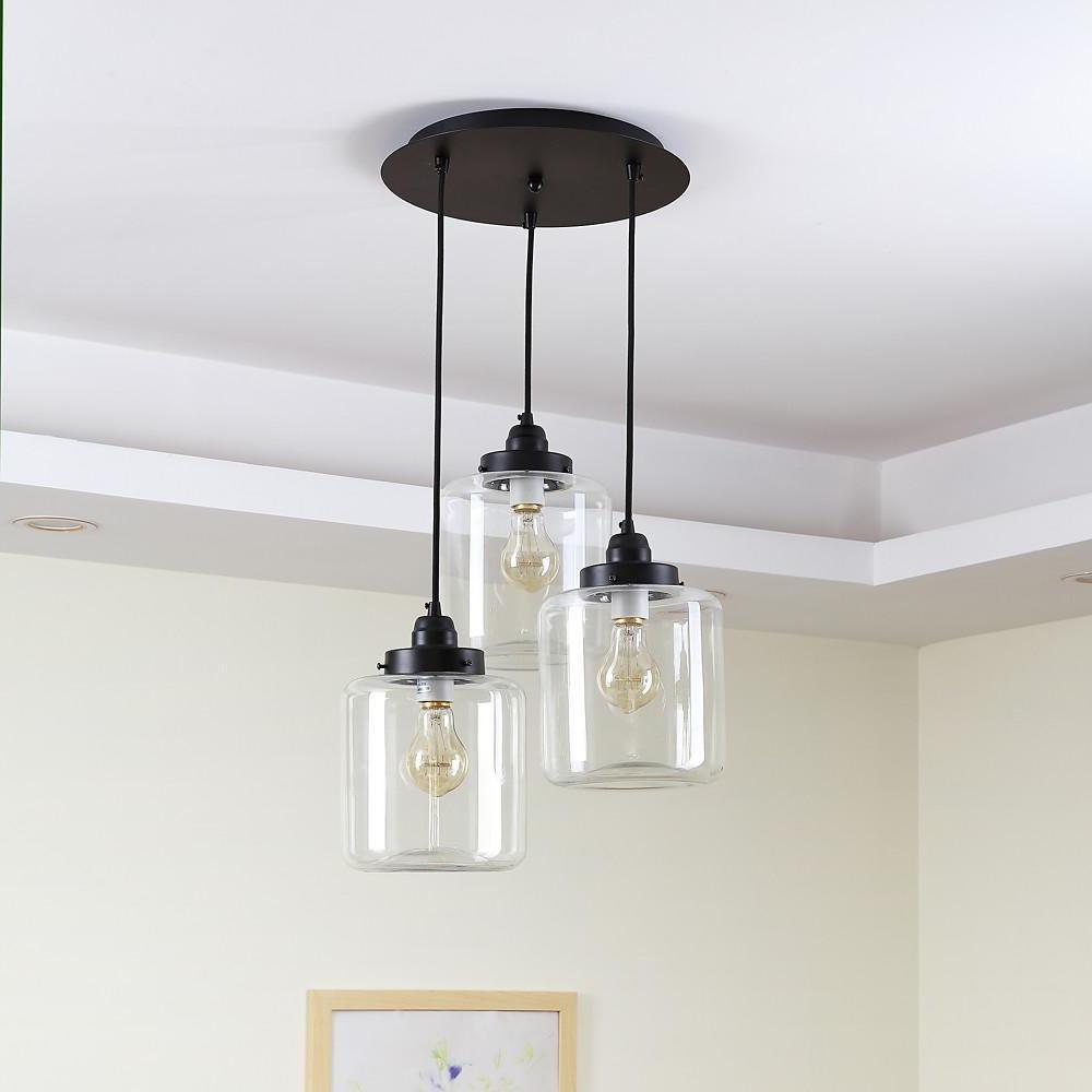 Industrial Three Light Glass Foyer Chandelier with Clear Shades for Dining Room