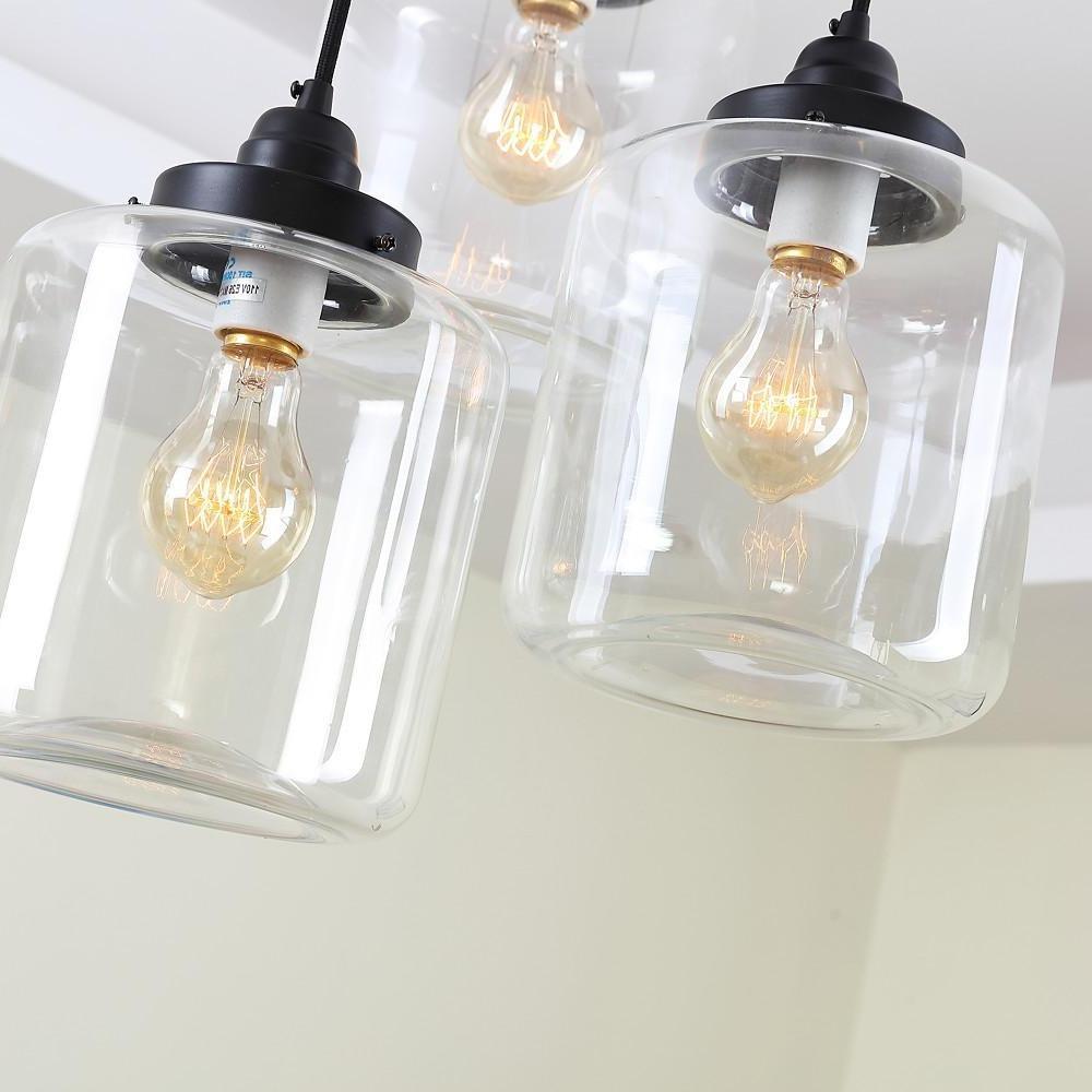Industrial Three Light Glass Foyer Chandelier with Clear Shades for Dining Room
