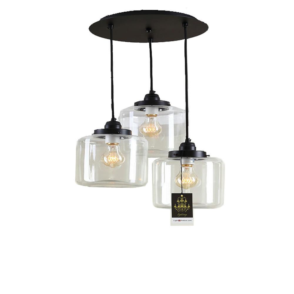 Industrial Three Light Glass Foyer Chandelier with Clear Shades for Dining Room