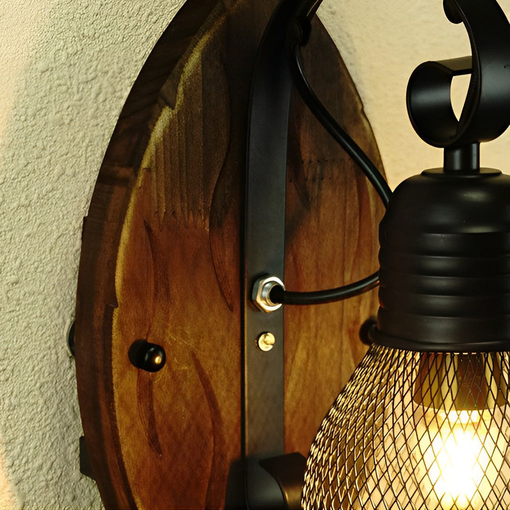 Industrial Vintage Wood and Iron Mesh Wall Sconce Rustic Black E27 Wall Lamp for Hallway Bedroom
