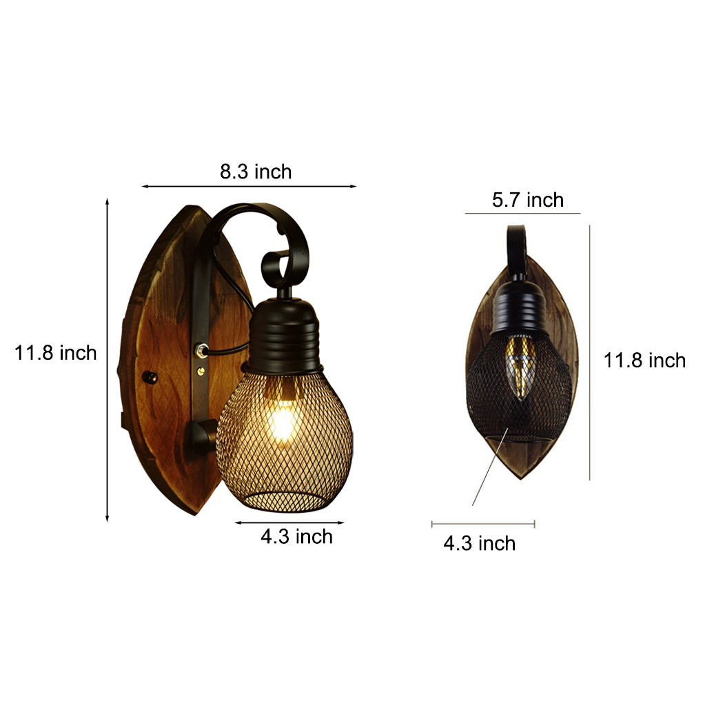 Industrial Vintage Wood and Iron Mesh Wall Sconce Rustic Black E27 Wall Lamp for Hallway Bedroom