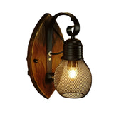 Industrial Vintage Wood and Iron Mesh Wall Sconce Rustic Black E27 Wall Lamp for Hallway Bedroom
