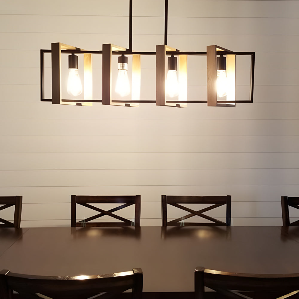 Industrial Wood Frame Linear Chandelier Vintage American Style Dining Room and Kitchen Island Pendant Light