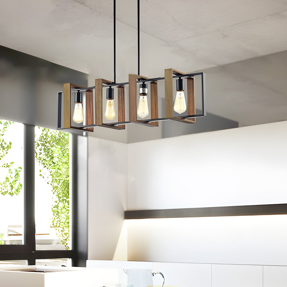 Industrial Wood Frame Linear Chandelier Vintage American Style Dining Room and Kitchen Island Pendant Light