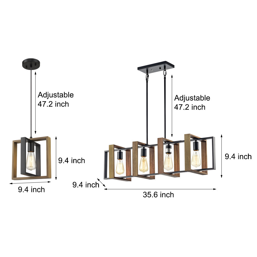 Industrial Wood Frame Linear Chandelier Vintage American Style Dining Room and Kitchen Island Pendant Light